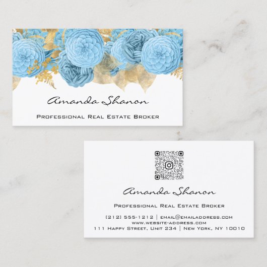Event Wedding Planner Blue Floral QR CODE Visitekaartje (Voorkant / Achterkant)