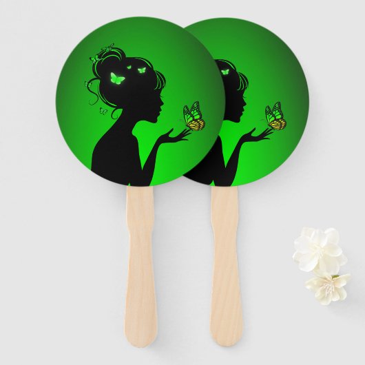 Eventail De groene vlindervrouw Handwaaier (Voorkant en achterkant)