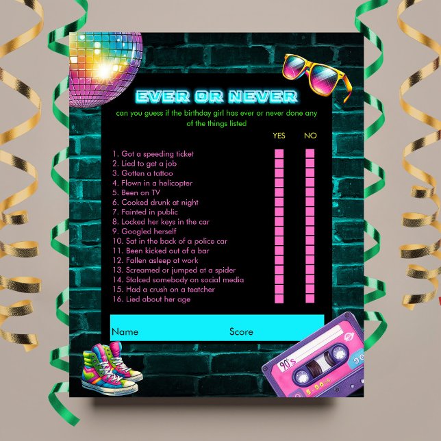 Ever or Never90s Neon Disco Verjaardagsspel (Creator heeft geüpload)