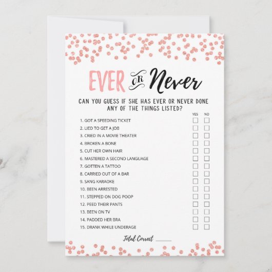 Ever or Never Editable Vrijgezellenfeest game Kaar Kaart (Voorkant)