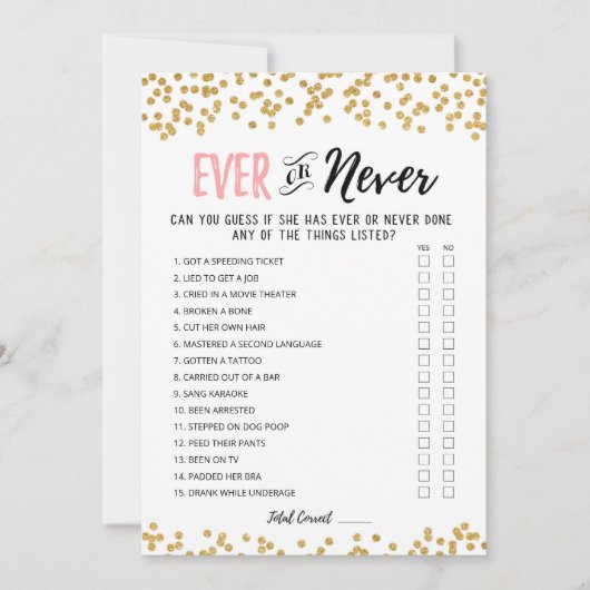 Ever or Never Editable Vrijgezellenfeest game Kaar Kaart (Voorkant)