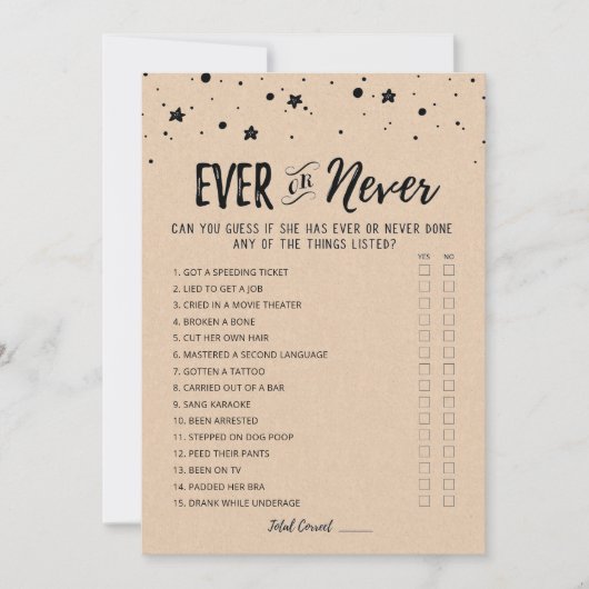 Ever or Never Editable Vrijgezellenfeest game Kaar Kaart (Voorkant)