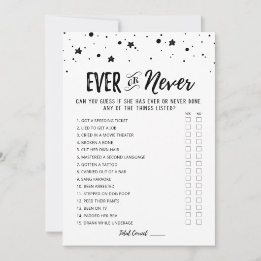 Ever or Never Editable Vrijgezellenfeest game Kaar Kaart (Voorkant)