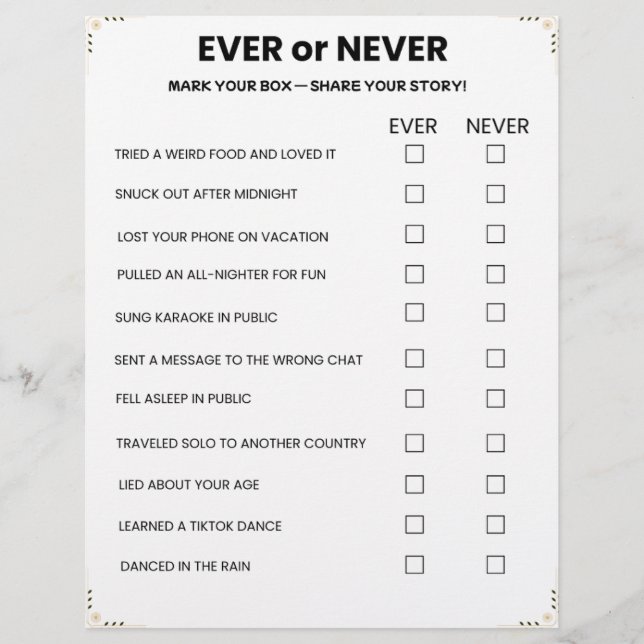Ever or Never Game – Printable Icebreaker Briefhoofd (Voorkant)