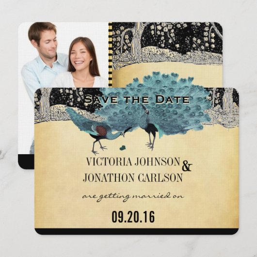Everafter Art Deco Peacock Golden Forest bruiloft Kaart (Voorkant / Achterkant)