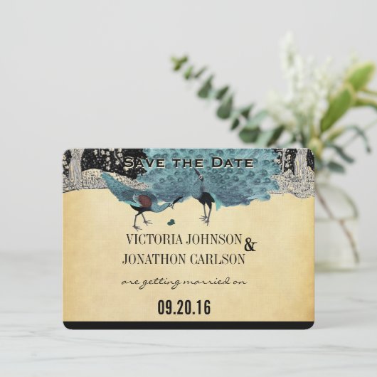 Everafter Art Deco Peacock Golden Forest bruiloft Kaart (Staand voorkant)