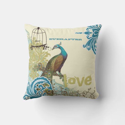 Everafter Bride Blauwgroen Limoen Peacock Birdcage Kussen (Achterkant)
