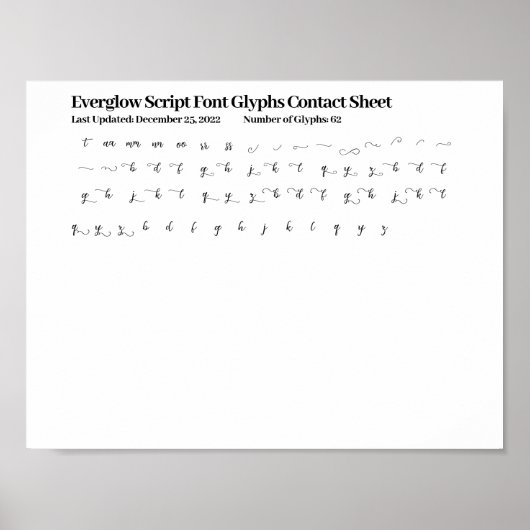 Everglow Script Font Glyphs Contactblad Poster (Voorkant)