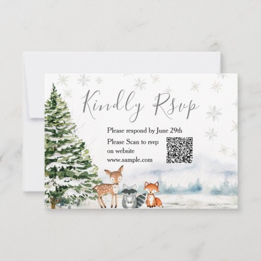 Evergreen Animal Winter Onederland RSVP Card Bedankkaart (Voorkant)