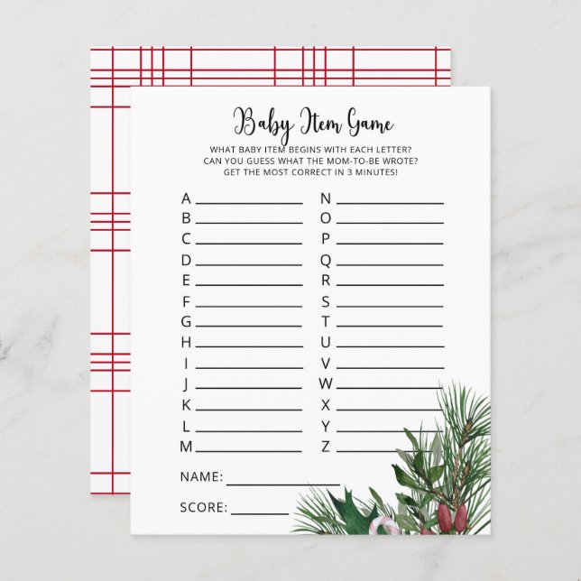 Evergreen Baby Item Game. Baby shower game (Voorkant / Achterkant)