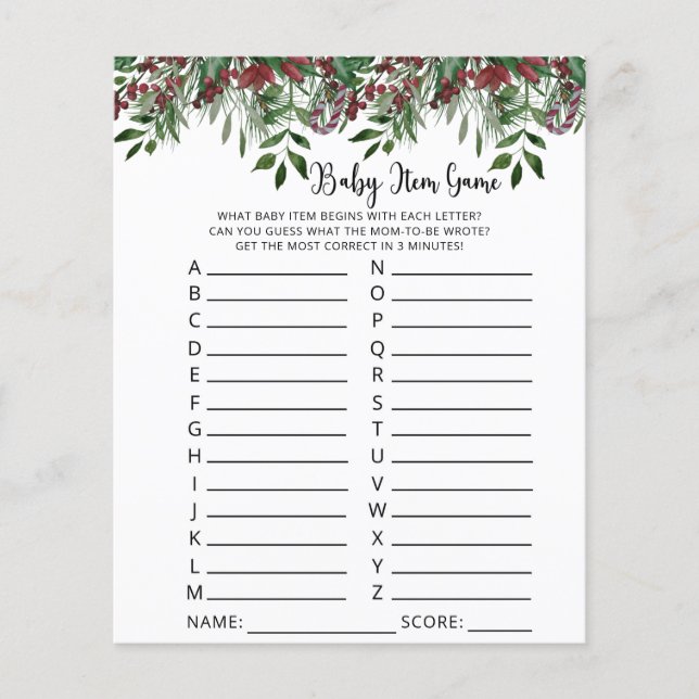 Evergreen Baby Item Game. Baby shower game (Voorkant)
