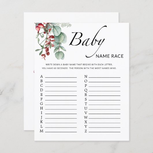 Evergreen baby shower baby name race game (Voorkant / Achterkant)