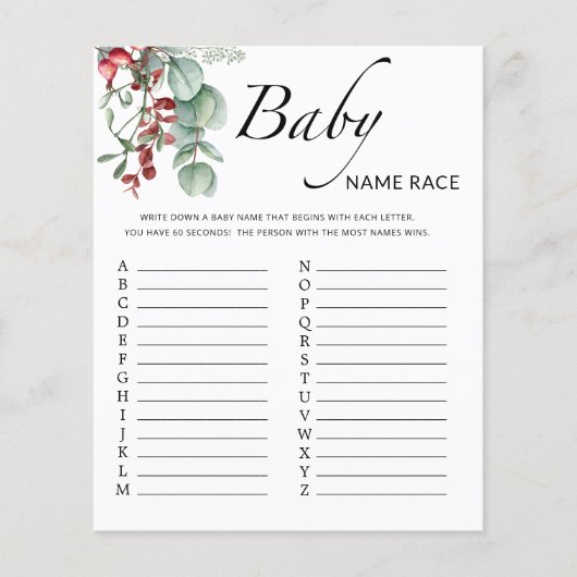 Evergreen baby shower baby name race game (Voorkant)