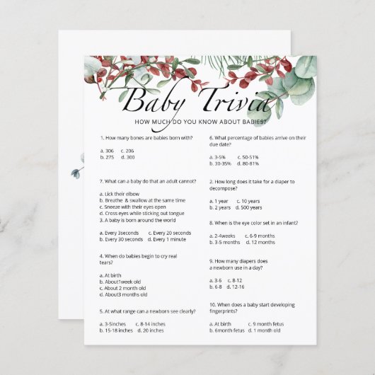 Evergreen Baby Trivia Baby shower Game (Voorkant / Achterkant)