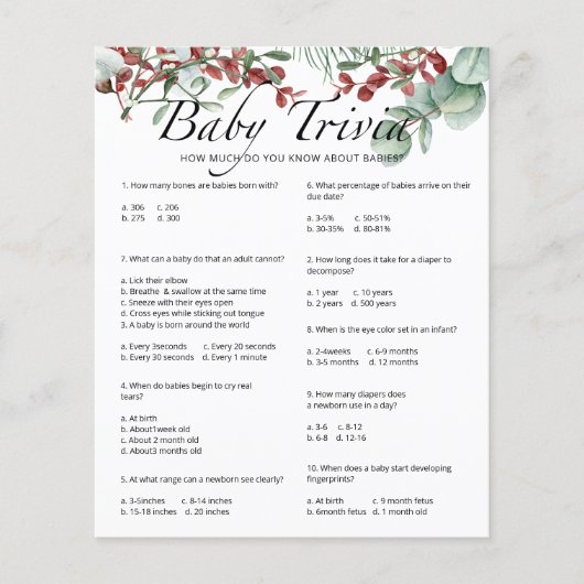 Evergreen Baby Trivia Baby shower Game (Voorkant)