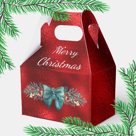 Evergreen, Berries, Green Bow Red Faux Folie Bedankdoosjes