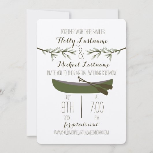 Evergreen bomen + kano virtuele livestream bruilof kaart (Voorkant)