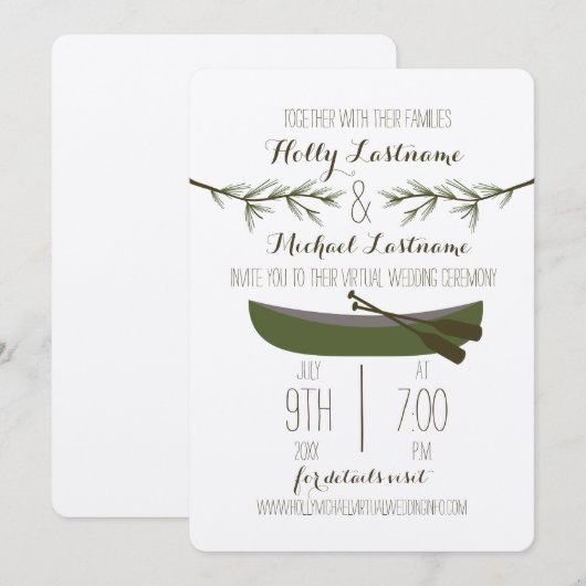 Evergreen bomen + kano virtuele livestream bruilof kaart (Voorkant / Achterkant)