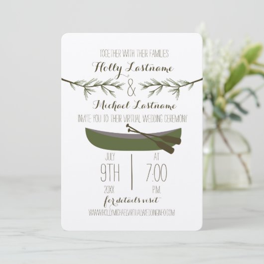 Evergreen bomen + kano virtuele livestream bruilof kaart (Staand voorkant)