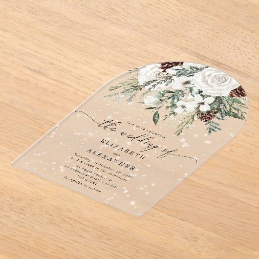 Evergreen boog elegante sneeuw winter bruiloft acryl uitnodigingen (Laagn)