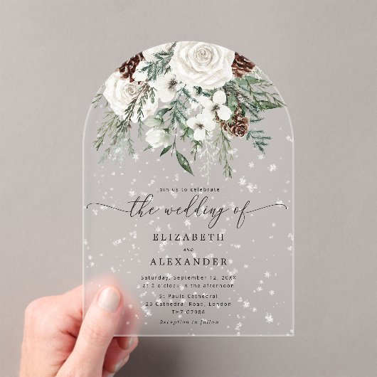 Evergreen boog elegante sneeuw winter bruiloft acryl uitnodigingen (Insitu (Draagbaar))