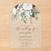 Evergreen boog elegante sneeuw winter bruiloft acryl uitnodigingen (Voorkant)