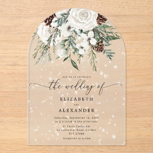 Evergreen boog elegante sneeuw winter bruiloft acryl uitnodigingen (Voorkant)