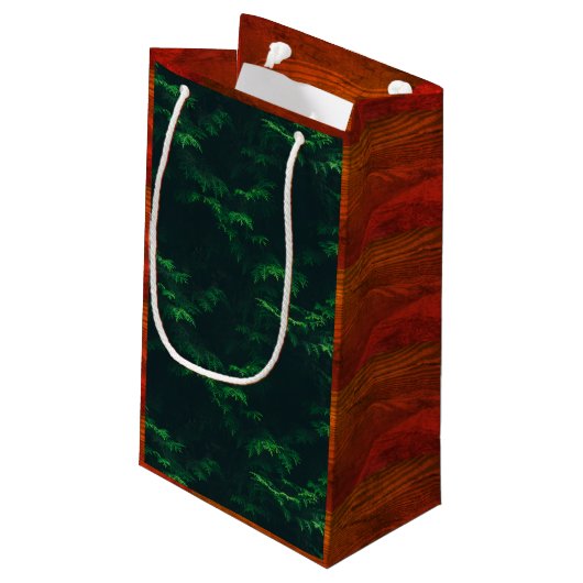 Evergreen boom hout graan rustiek groen bruin klein cadeauzakje (Achterkant Gekanteld)