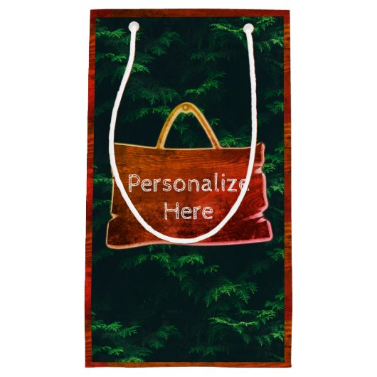 Evergreen boom hout graan rustiek groen bruin klein cadeauzakje (Voorkant)