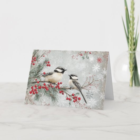 Evergreen Branch met Chickadees en Snowflakes Kaart (Voorkant)