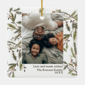 Evergreen Branches Feestelijke Vakantiefoto Kerstm Keramisch Ornament (Achterkant)