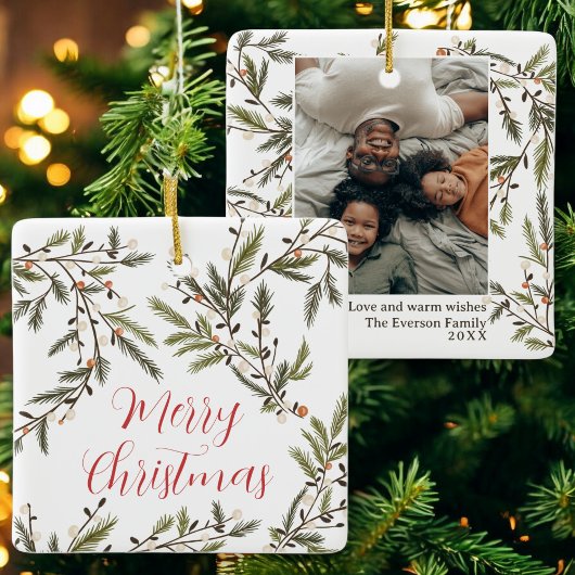 Evergreen Branches Feestelijke Vakantiefoto Kerstm Keramisch Ornament