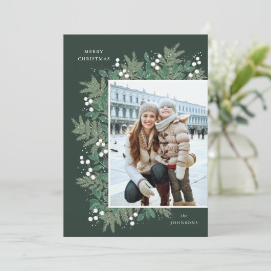 Evergreen Cheer kerstflat-fotokaart (Staand voorkant)