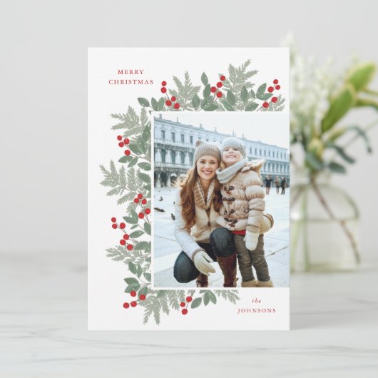 Evergreen Cheer kerstflat-fotokaart (Staand voorkant)