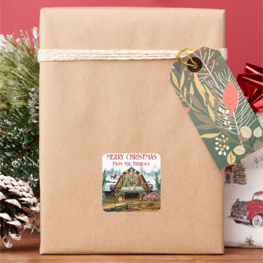 Evergreen Christmas Barn Holiday Square Sticker (Feestdagen)