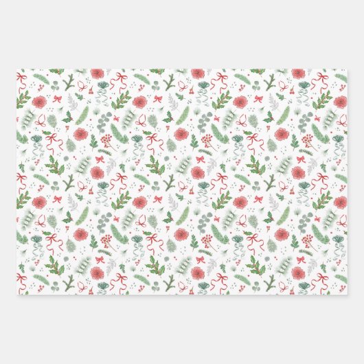 Evergreen Christmas Foliage Berries Spruce and Bow Inpakpapier Vel (Voorkant 3)