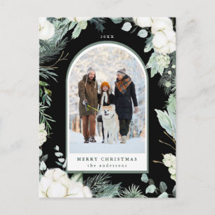Evergreen & Cotton Flower Arch Photo Holiday Black Briefkaart