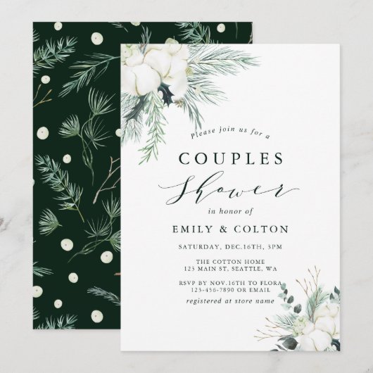 Evergreen & Cotton Flower Bouquet Couples Shower I Kaart (Voorkant / Achterkant)