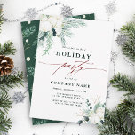 Evergreen & Cotton Flower Bouquet Holiday Party Kaart<br><div class="desc">Deze kerst | De uitnodiging van de feestdag omvat met de hand geverfde wintergroen, katoenbloemen met gouden en waterverf texturen, en een keegroen takpatroon op de rug. Voor meer geavanceerde aanpassing van dit ontwerp, te klikken gelieve de BUTTON van het TOOL VAN HET ONTWERP BLAUW. Overeenkomende objecten zijn ook beschikbaar....</div>