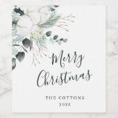 Evergreen & Cotton Flower Bouquet Merry Kerstmis Wijn Etiket (Enkel label)