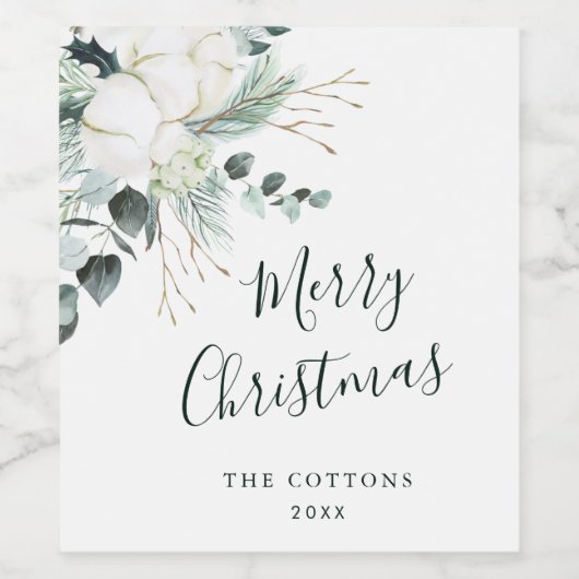 Evergreen & Cotton Flower Bouquet Merry Kerstmis Wijn Etiket (Enkel label)