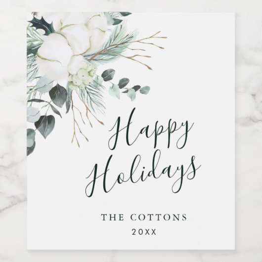 Evergreen & Cotton Flower Bouquet Prettige feestda Wijn Etiket (Enkel label)