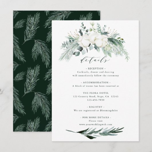 Evergreen & Cotton Flower Bouquet Wedding Details Informatiekaartje (Voorkant / Achterkant)