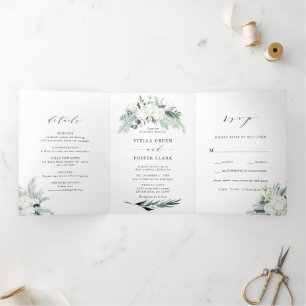 Evergreen & Cotton Flower Bouquet Wedding Drieluik Uitnodiging