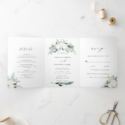 Evergreen & Cotton Flower Bouquet Wedding Drieluik Uitnodiging (Binnen)