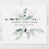 Evergreen & Cotton Flower Happy Nieuwjaar Sparkling Wijnetiket (Enkel label)