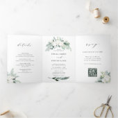 Evergreen & Cotton Flower QR Code RSVP Weddenschap Drieluik Uitnodiging (Binnen)