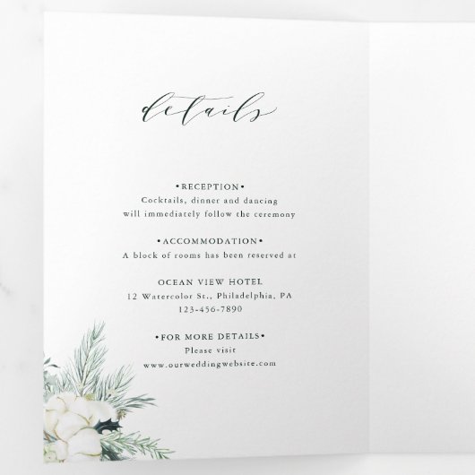 Evergreen & Cotton Flower QR Code RSVP Weddenschap Drieluik Uitnodiging (Binnenzijde eerst)