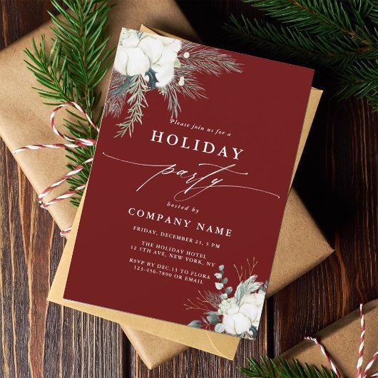 Evergreen & Cotton Flower Red Holiday Party Kaart
