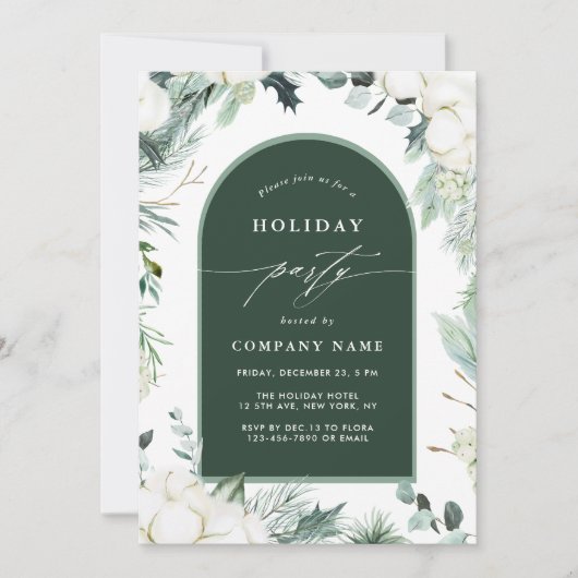 Evergreen & Cotton Flower Waterverf Holiday Party Kaart (Voorkant)
